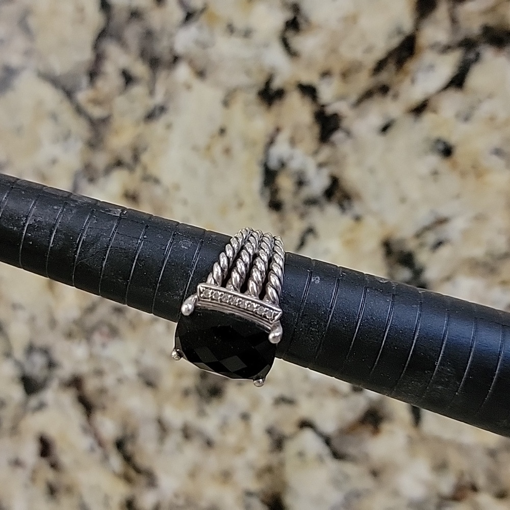 David Yurman Wheaton Ring in Sterling Silver w/ Black Onyx and Pavé Diamonds 6.5